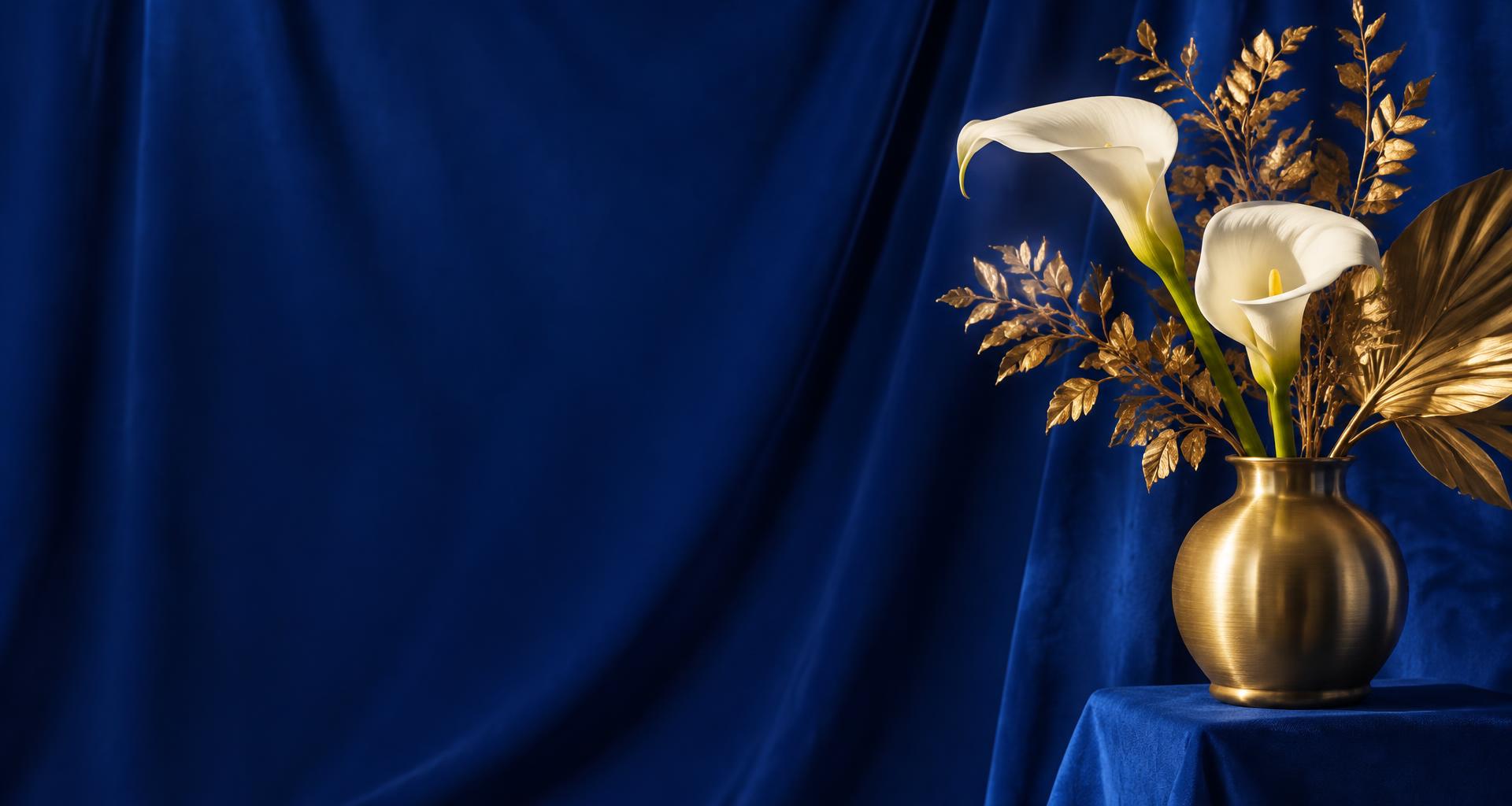 Ivory calla lilies and golden leaves against royal blue fabric